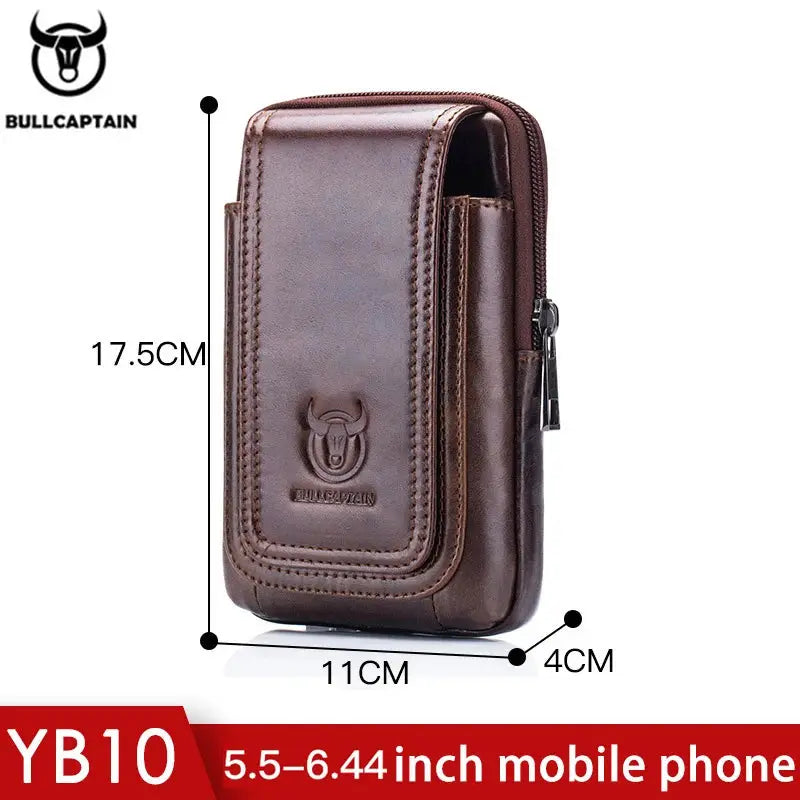 Bullcaptain leather belt waist bag in brown with front pocket, 17.5x11x4 cm