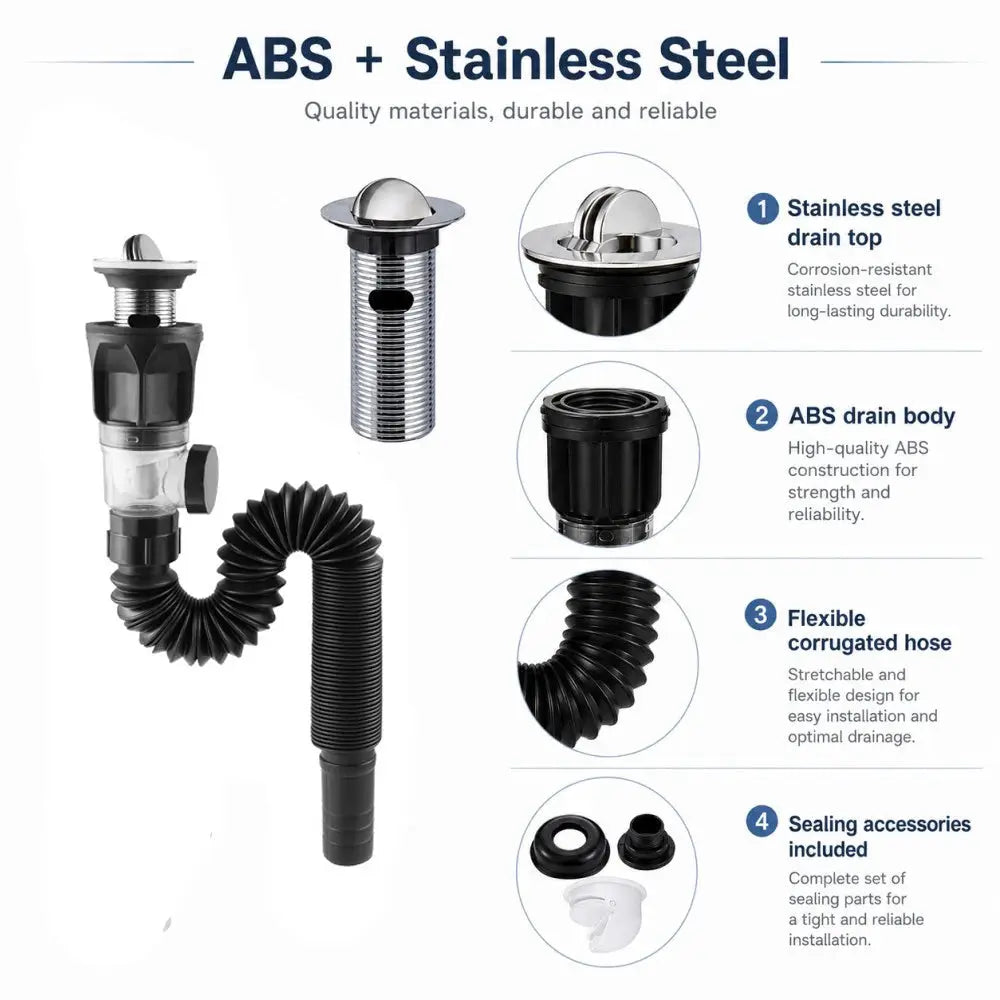 5-piece bathroom sink drain kit by Simples Market with ABS body, stainless steel top, and flexible corrugated hose