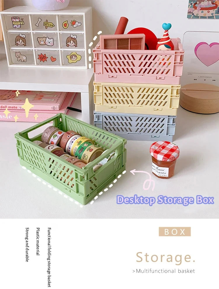 Desktop storage baskets; 4-piece pastel plastic folding set in pink, yellow, blue and green by Simples Market