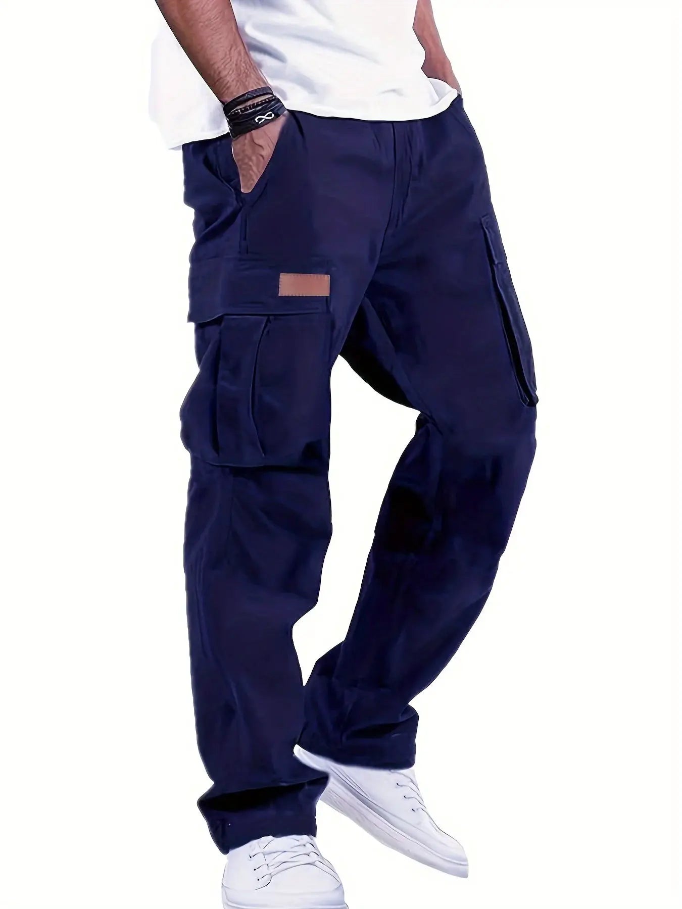 Men's navy American-style multi-pocket workwear pants with a loose straight-leg fit