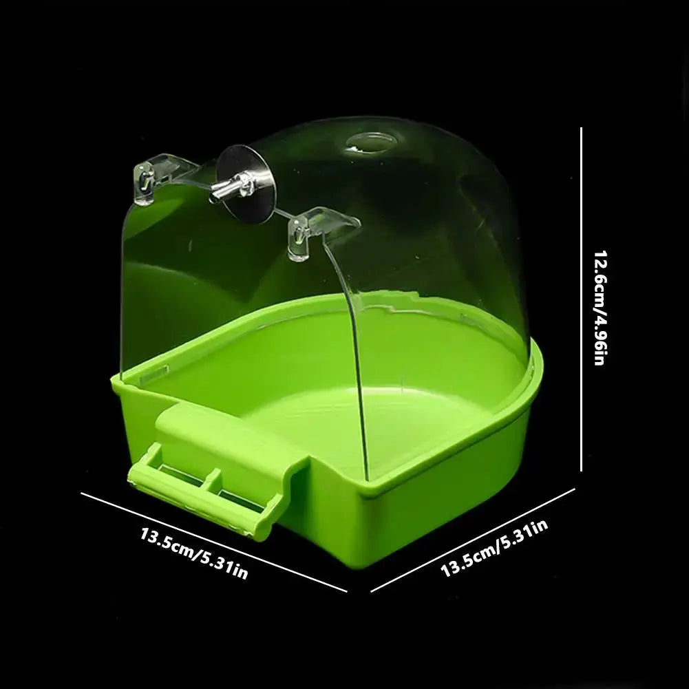 Hanging Bird Bath Cube for small birds, green plastic base with clear dome, Simples Market