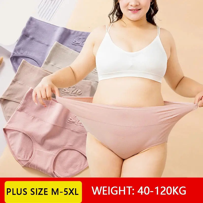 Simples Market 4-pack high-waist cotton women's panties in pink, beige, gray, and purple; breathable plus-size briefs.