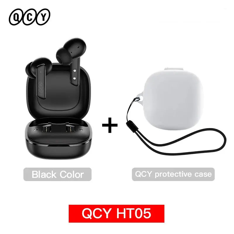 QCY HT05 wireless earbuds with black charging case and white protective case