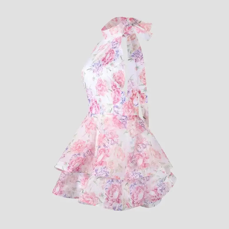 Floral Printed Backless Mini Dress Sleeveless A Line Party Clubwear