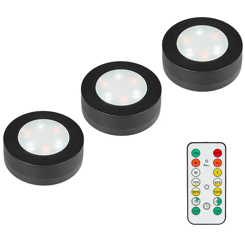 Three black round LED under-cabinet lights with remote control, CCT 3000–6500K