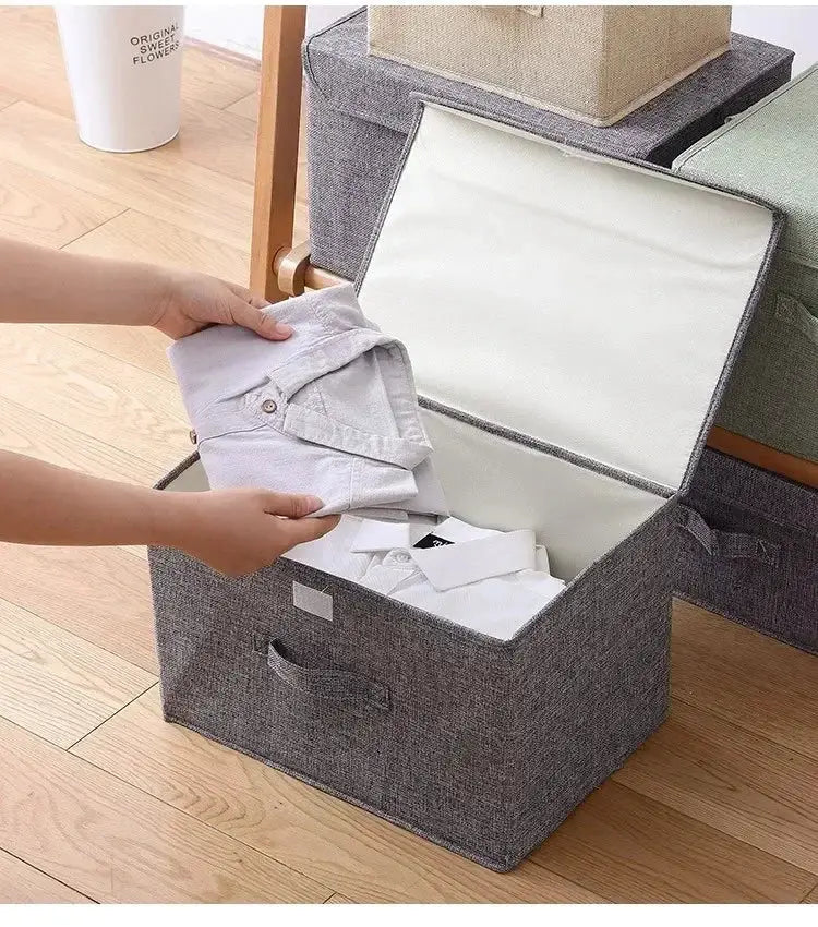 Gray cotton-linen folding storage box with lid for clothes and toys