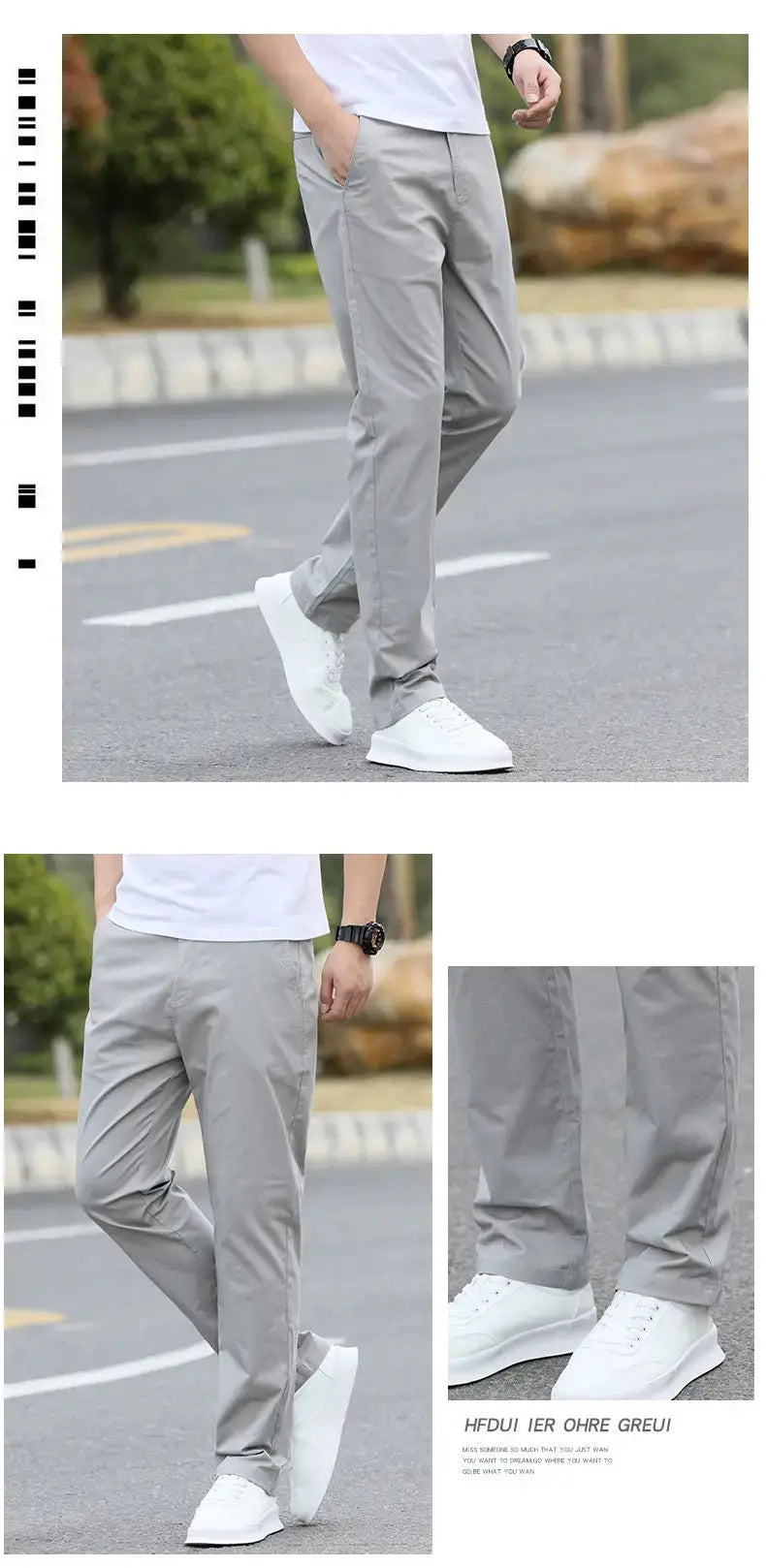 Simples Market men's gray cotton chinos, breathable straight-leg trousers, Sizes w28-w40