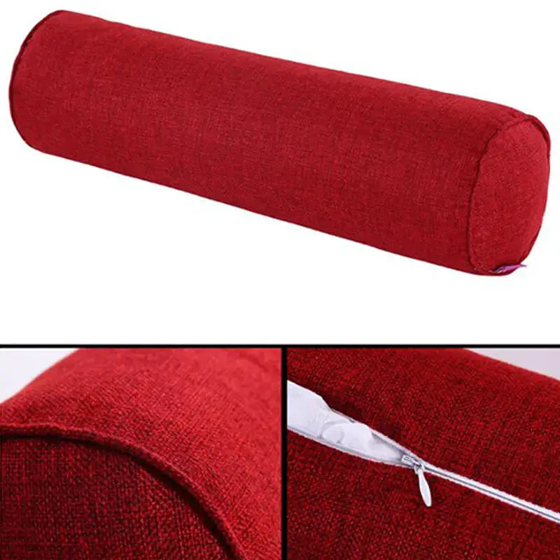 Cylindrical pillow case in red cotton-linen blend with zipper closure