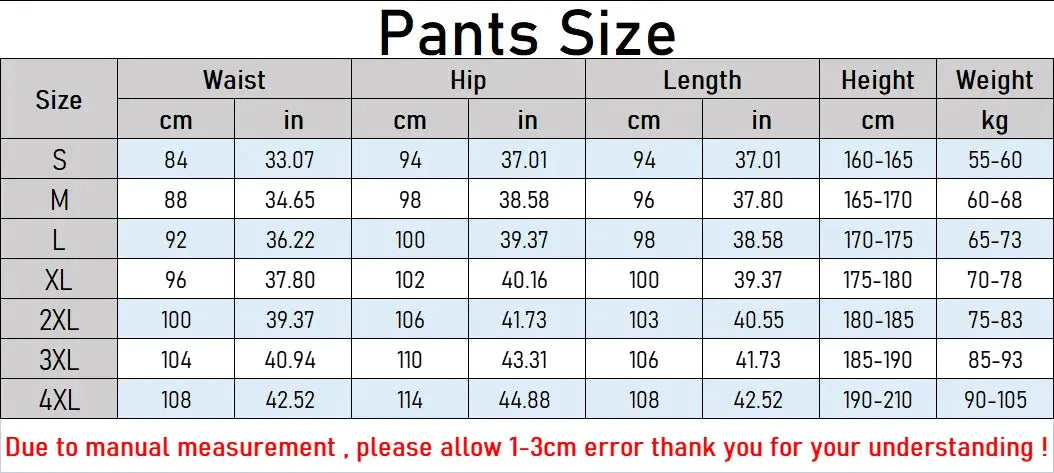 Autumn men's wide loose casual pants size chart showing S–4XL waist, hip, length, height, and weight
