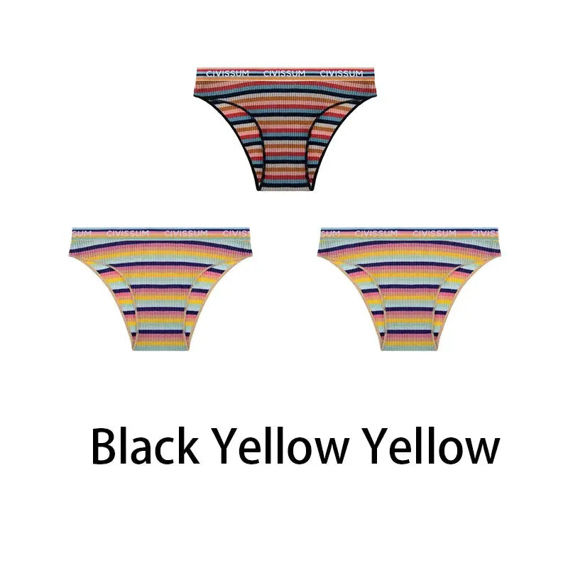 Set of 3 women's cotton hipster panties with black and yellow rainbow stripes by Simples Market NK606