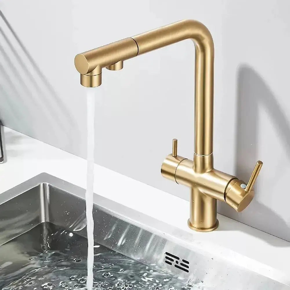 Brass-finish kitchen faucet with high-arc gooseneck and dual side levers.