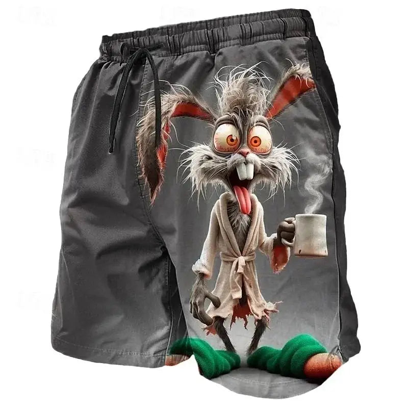 Board shorts, grey with a large 3D anime rabbit print holding a mug.