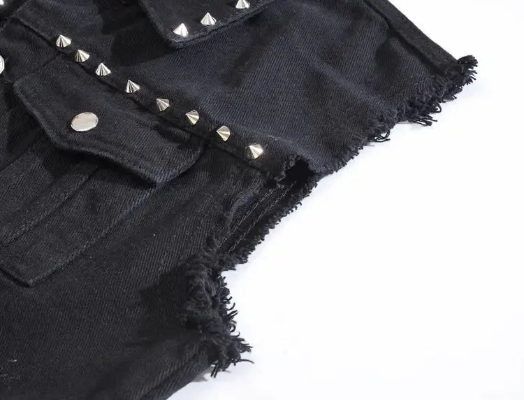 Simples Market black rivet denim vest with silver studs, sleeveless, distressed edges