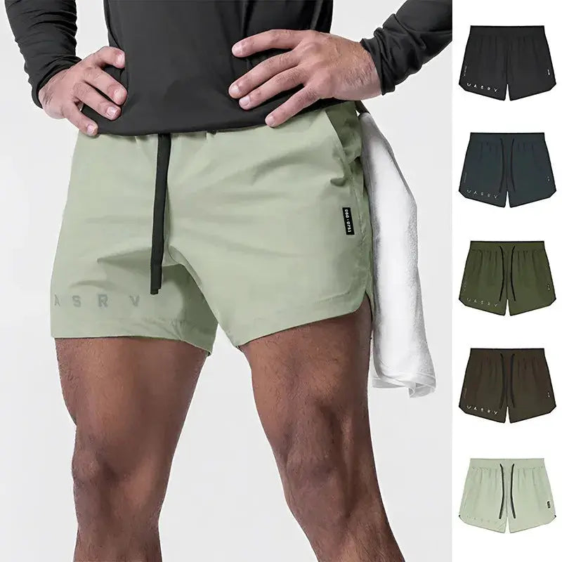 ASRV men's quick-dry athletic shorts in sage green with black drawstring; 5 color options shown