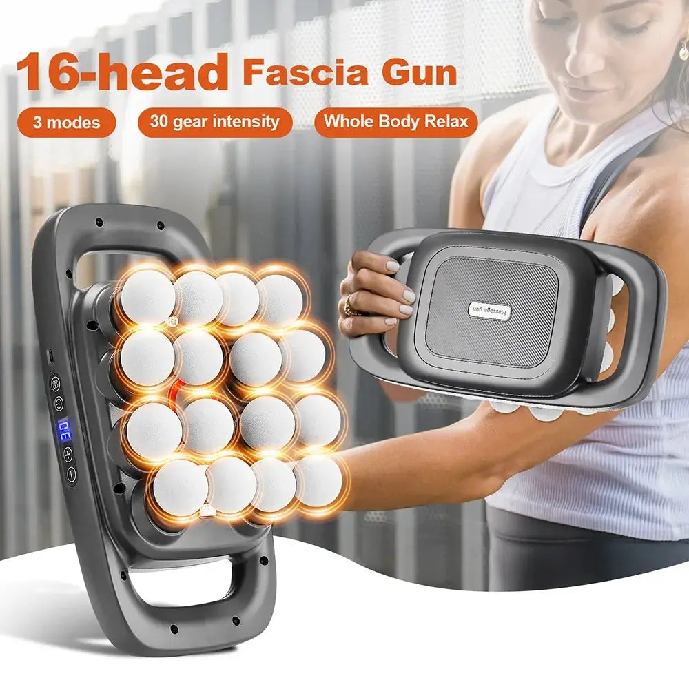 Simples Market 16-head fascia gun massager, grey handheld device with 16 white heads for back, neck and shoulders