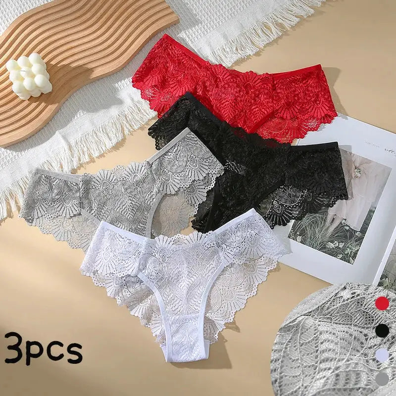 Lace panties set, mid-waist seamless breathable underwear in red/black/gray/white (3pcs)