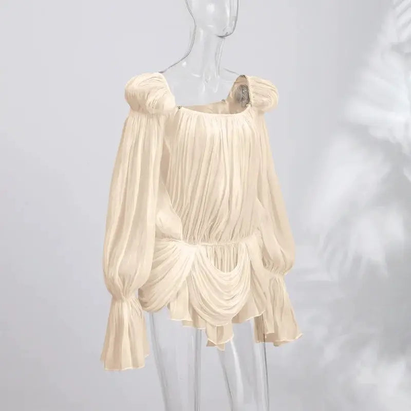 Satin Off Shoulder Pleated Mini Dress For Women Puff Sleeve Cinched