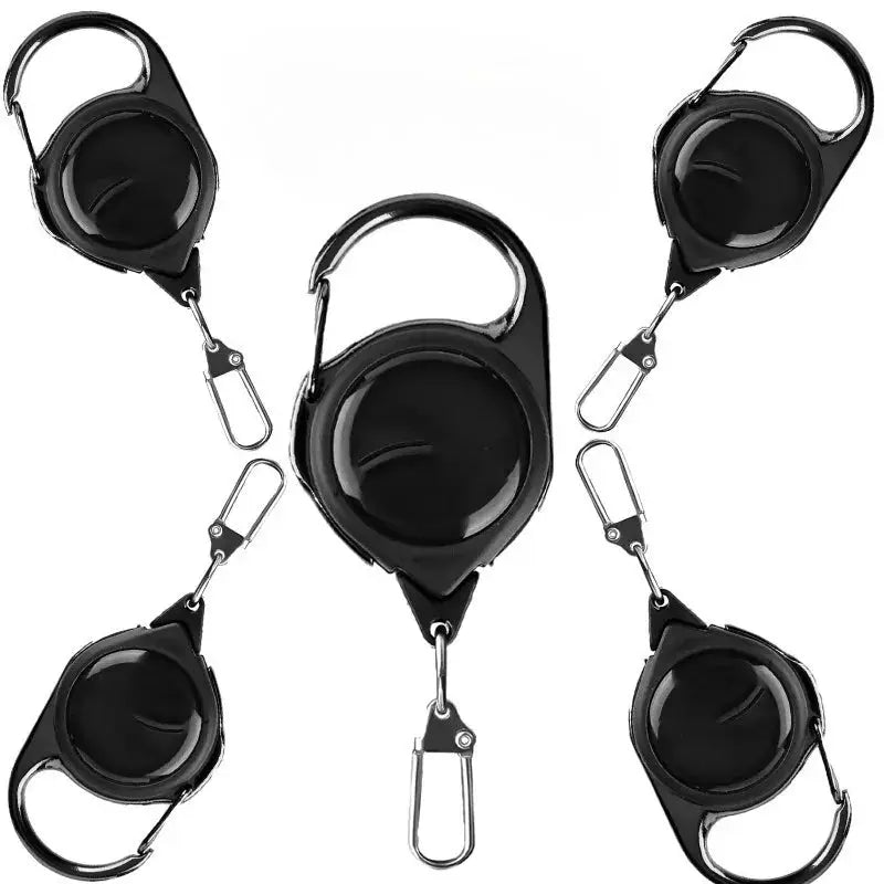 Simples Market retractable heavy-duty pull-reel carabiner keychain set, five black reels with metal clips.