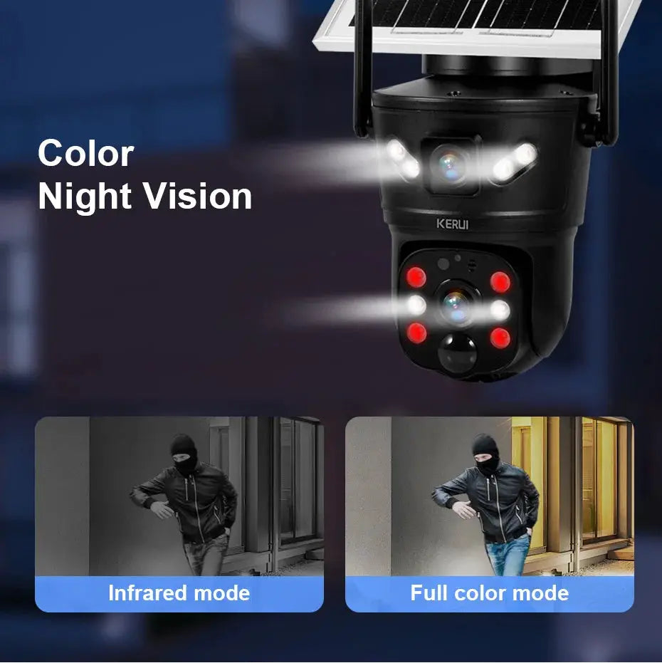 KERUI outdoor solar security camera with dual lenses, color night vision, 6MP, 4G/WiFi and solar panel
