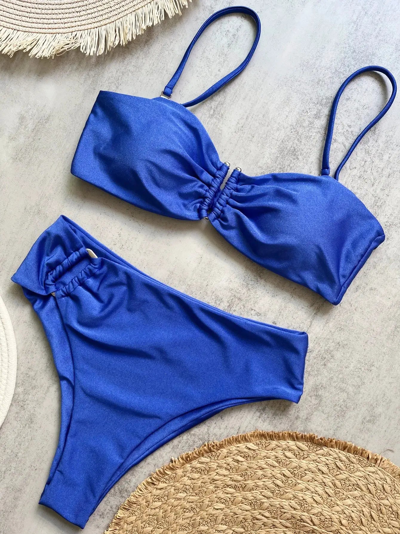 Blue two-piece bandeau bikini set with ruched front top and high-waisted bottoms