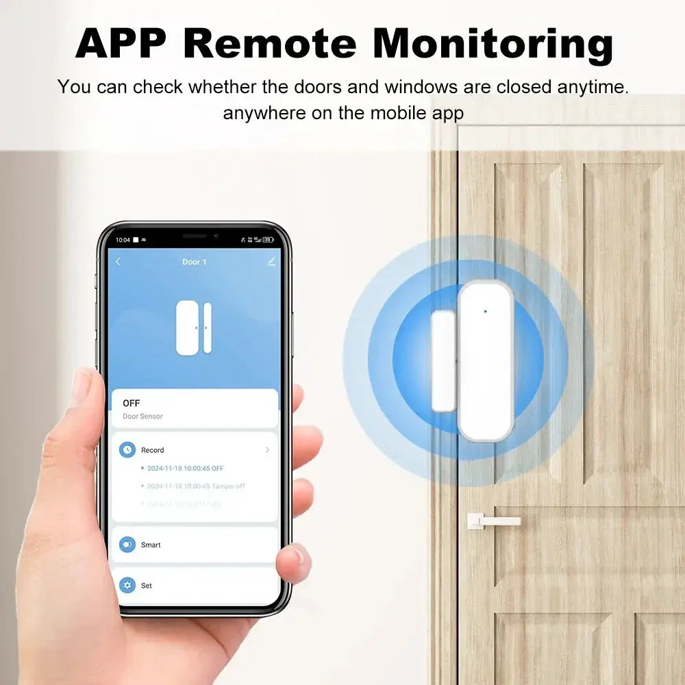 Zigbee door/window contact sensor, white, for smart home security; shown with Tuya Smart Life app.