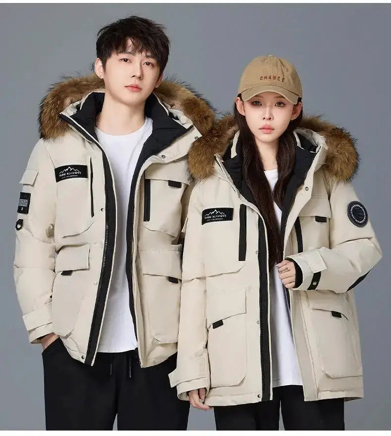 Simples Market men's beige fur-collar hooded duck-down parka coats; waterproof, warm jackets shown on two models