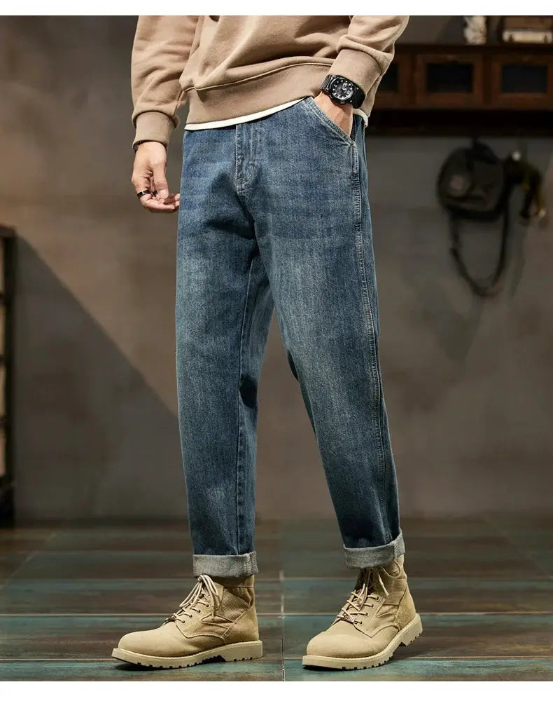 Simples Market men's loose-fit Harajuku straight jeans with rolled cuffs, blue denim