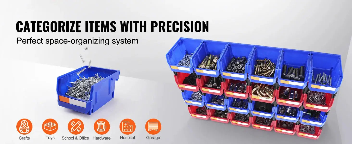 Storage bin set by Simples Market: 24-stackable blue and red bins on freestanding tiered shelf for garage organization.