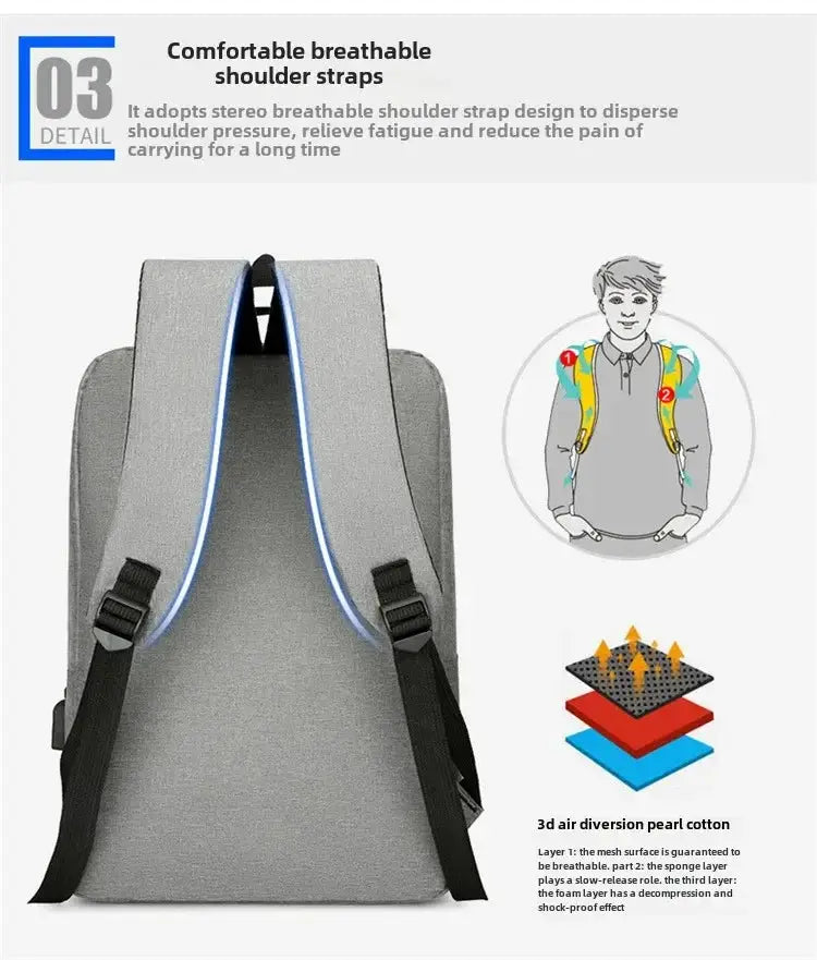 Backpack by Simples Market: gray EVA hard-shell anti-theft waterproof laptop backpack with blue-trim shoulder straps