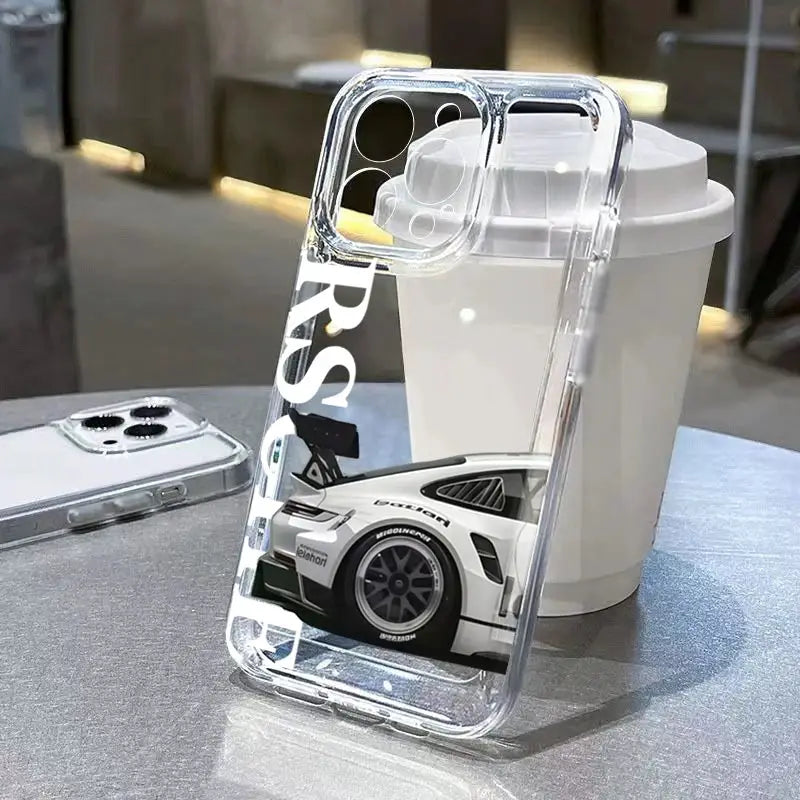 Transparent soft sports car phone case for iPhone, white racing car graphic, fits multiple models.