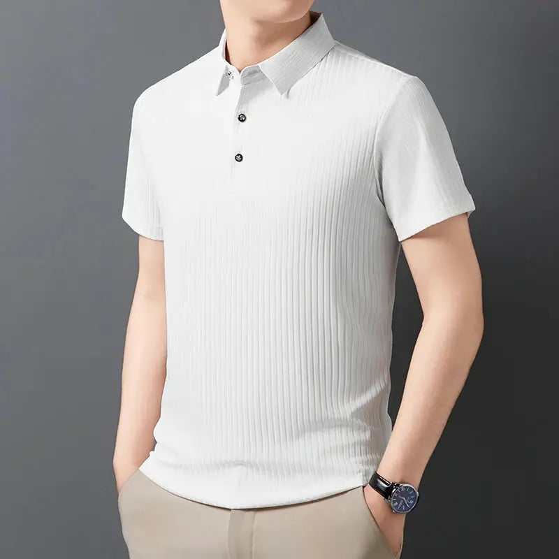 Men's white ribbed polo shirt with collar, short sleeves, Simples Market