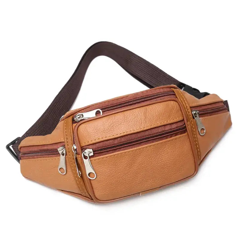 Simples Market men's waist bag in tan PU leather with multiple zip pockets and adjustable brown strap.