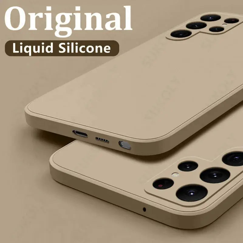 Two beige liquid-silicone Samsung Galaxy phone cases, shockproof design.