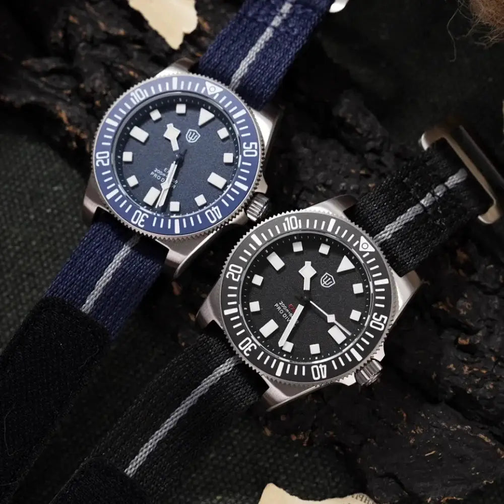 Watchdives EXD 40mm titanium dive watches, 2-piece with blue dial on blue NATO strap and black dial on black NATO strap
