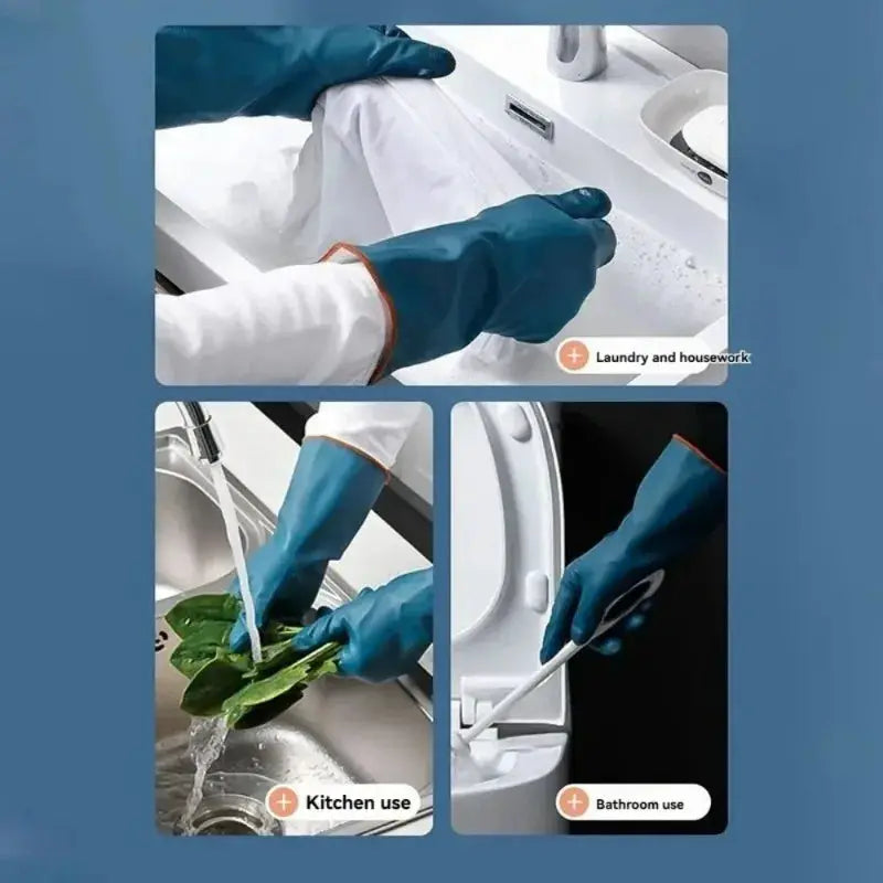 Simples Market blue waterproof fleece-lined cleaning gloves for kitchen, bathroom, and laundry (2/4 pairs shown)