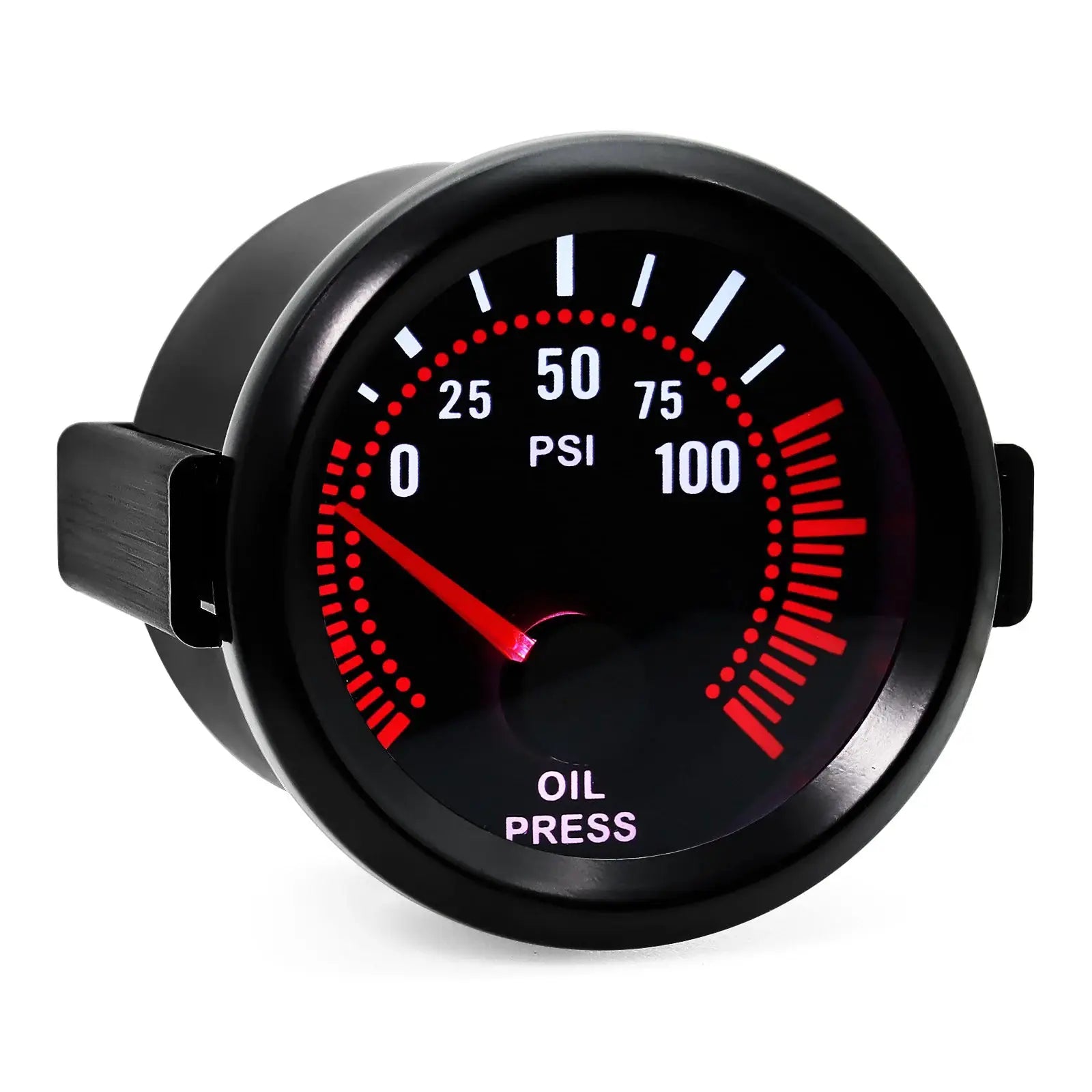 Oil pressure gauge, 2-inch (52mm), black housing with red illuminated dial