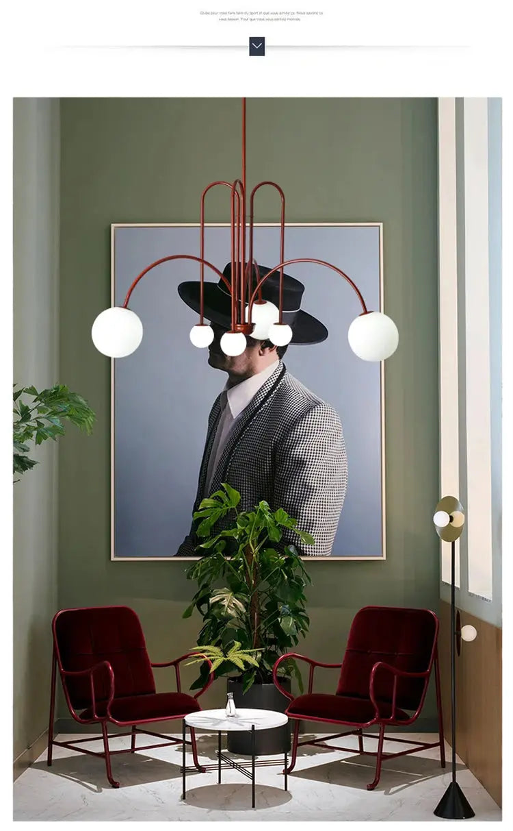 Nordic minimalist pendant light in red metal with white globe bulbs for living room decor