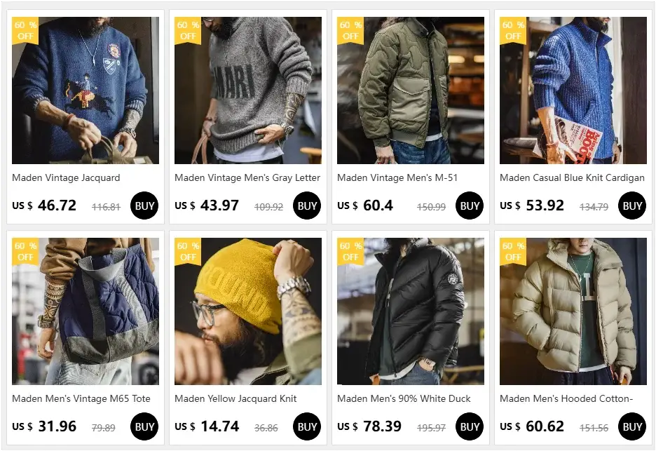 Maden jackets and knits from Simples Market, eight items shown in assorted colors.