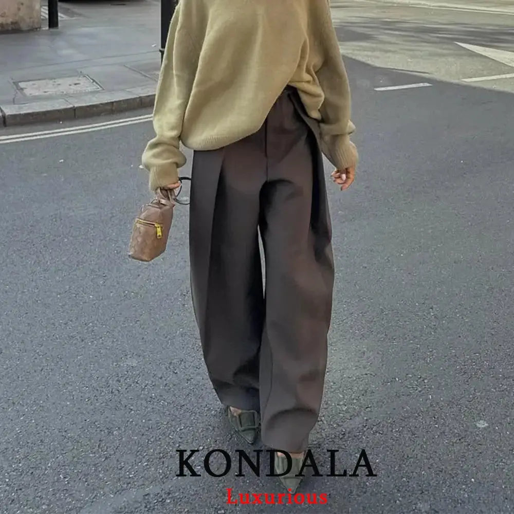 KONDALA Casual Chic Wide Leg Pants For Women High Waist Pleated Trousers With Pockets Office Lady