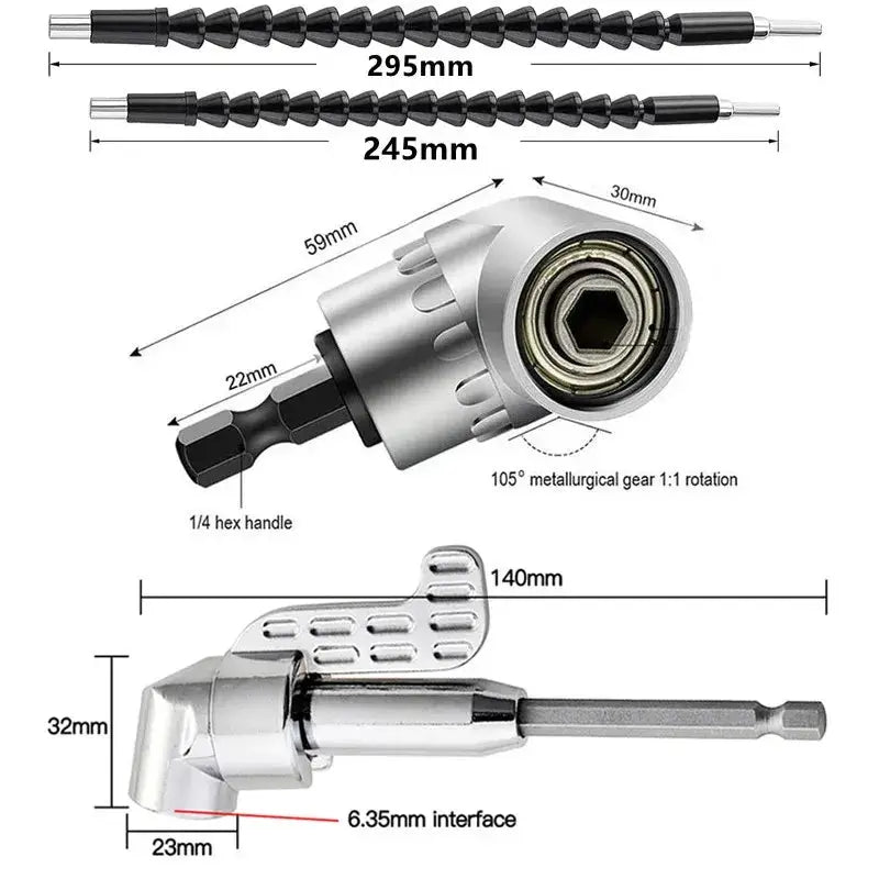 105 Degree Right Angle Drill Adapter With Flexible Shaft Extension Magnetic Bit Socket For Screwdrivers And Power Drills