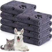 Simples Market microfiber dog towel set, six dark gray towels with bone and paw prints