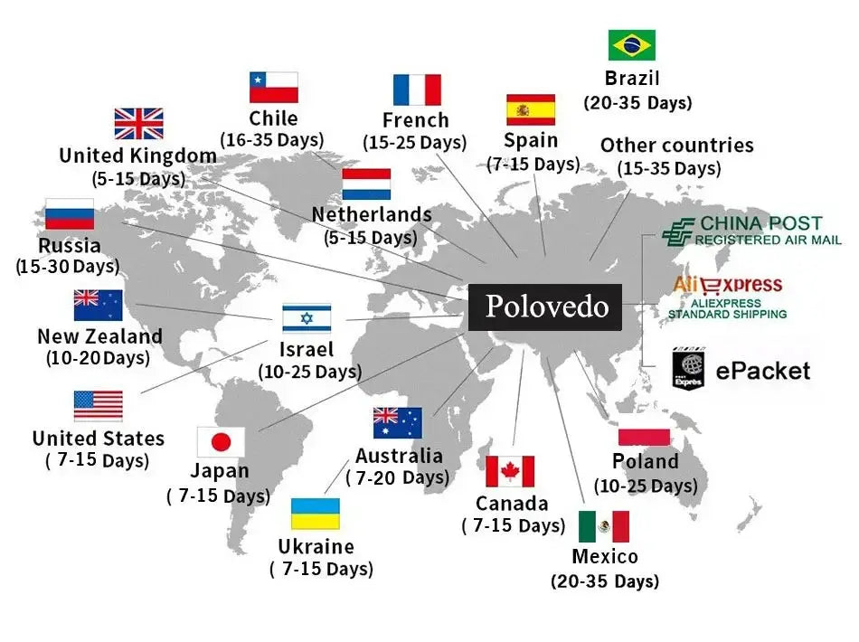World map with national flags and delivery times, illustrating international shipping across countries.