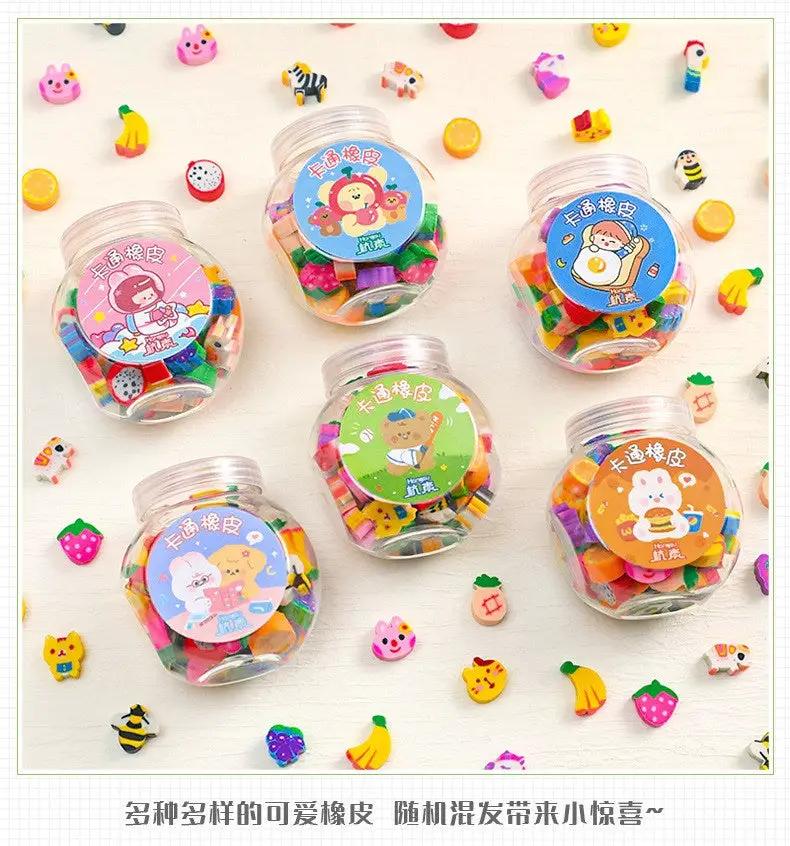 Simples Market 6 clear jars of kawaii animal fruit erasers for kids, 50/100Pcs