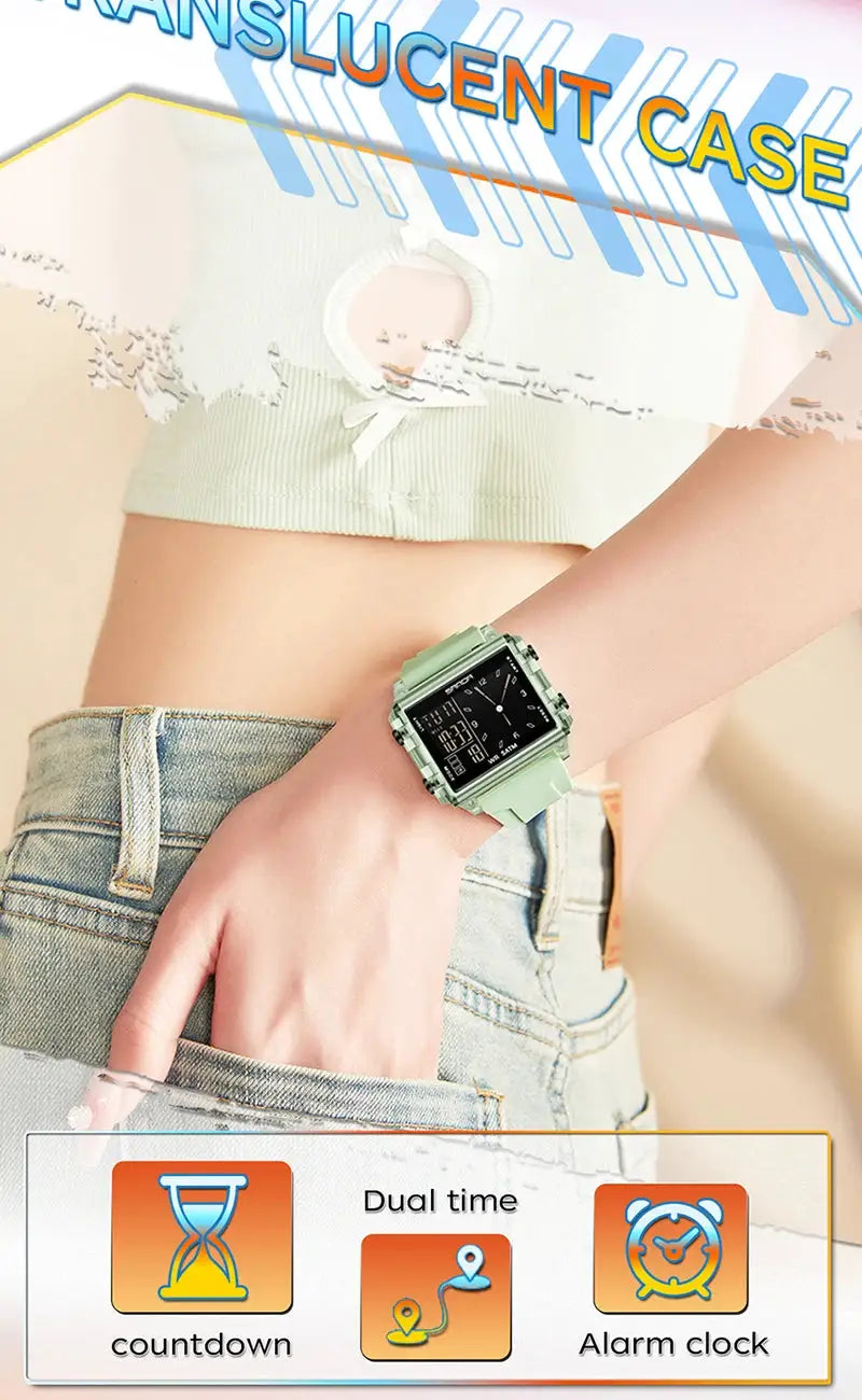 SANDA 6273 square dual-time wristwatch in mint green on the wrist; digital-analog display with countdown and world time
