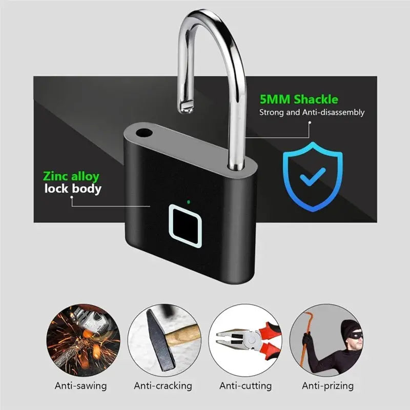 Keyless Smart Fingerprint Padlock Simples Market, black zinc-alloy body, 5mm shackle