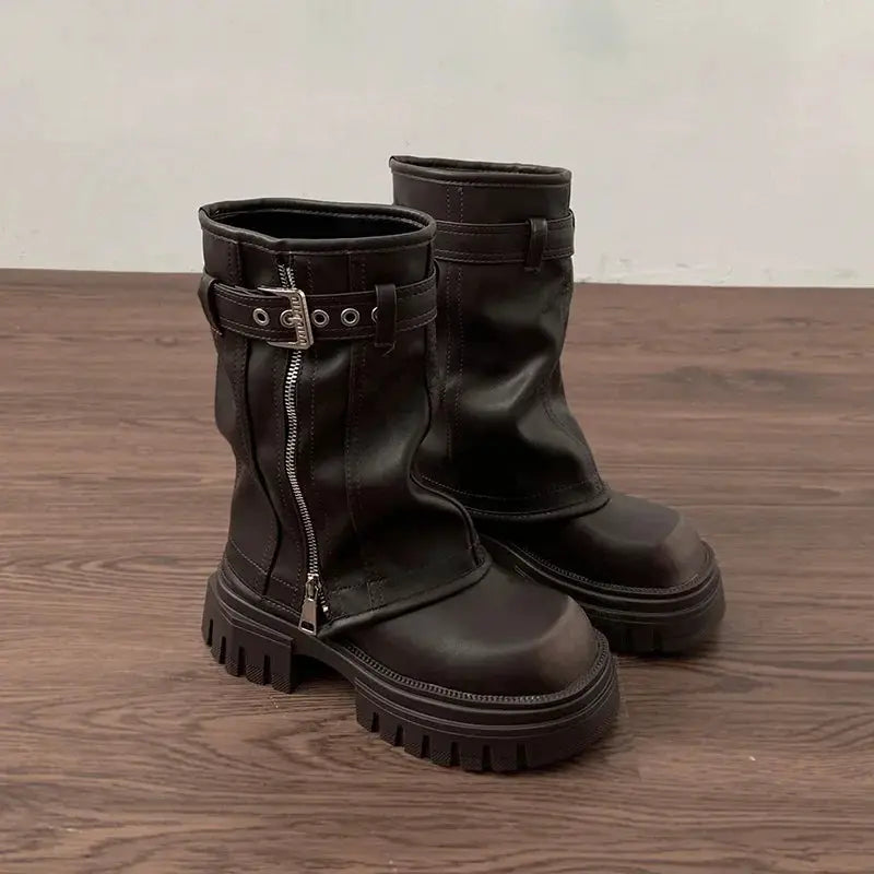 NovaPulse Winter Women Biker Boots With Belt Buckle And Platform Sole For Trendy Casual Style