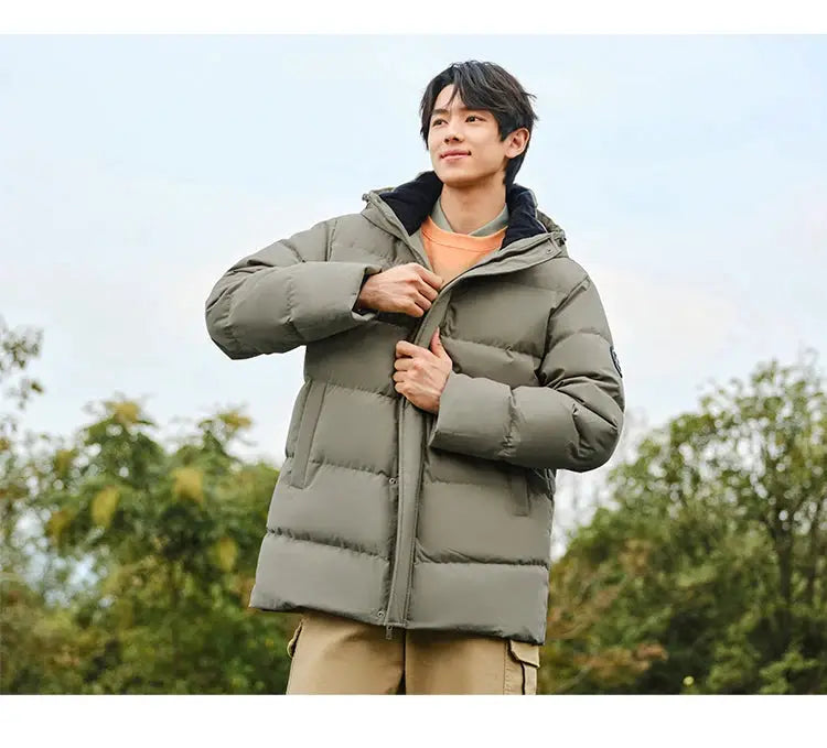 Men's Semir down jacket, olive green, hooded mid-length puffer coat by Simples Market