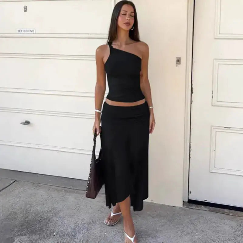 Tossy Pleated Two Piece Off Shoulder Cropped Top And Long Skirt Set