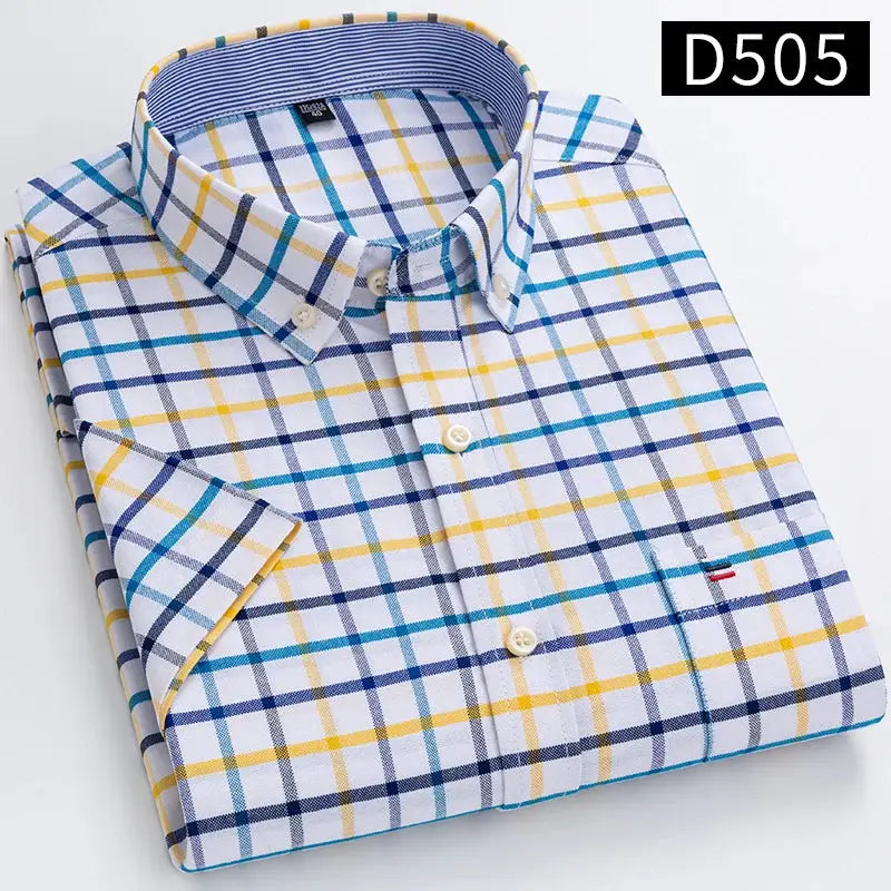 Men's plaid oxford shirt, 100% cotton, breathable, blue/yellow/teal plaid with button-down collar