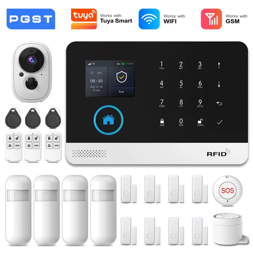 PGST 4G/2G WiFi GSM Wireless Alarm System by Simples Market with RFID keypad panel, PIR motion sensor, and door sensors